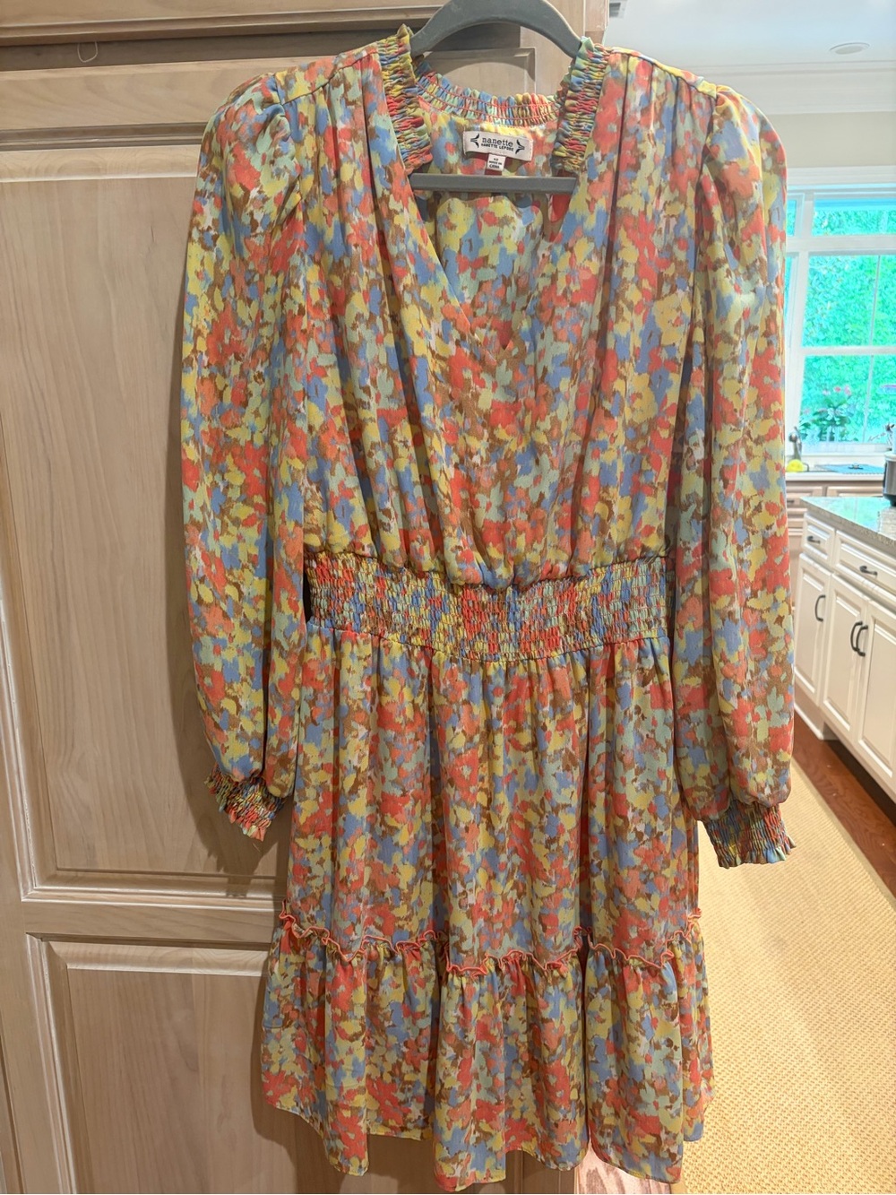 Nanette Lepore Floral Print Smocked Waist Dress - Coral, Yellow, Blue
